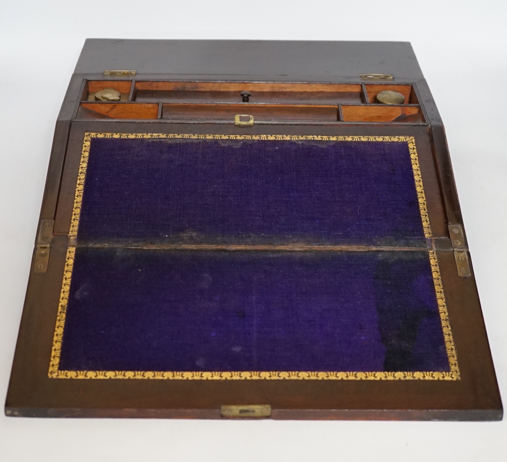 A Victorian mother of pearl inlaid rosewood writing slope, 35.5cm wide